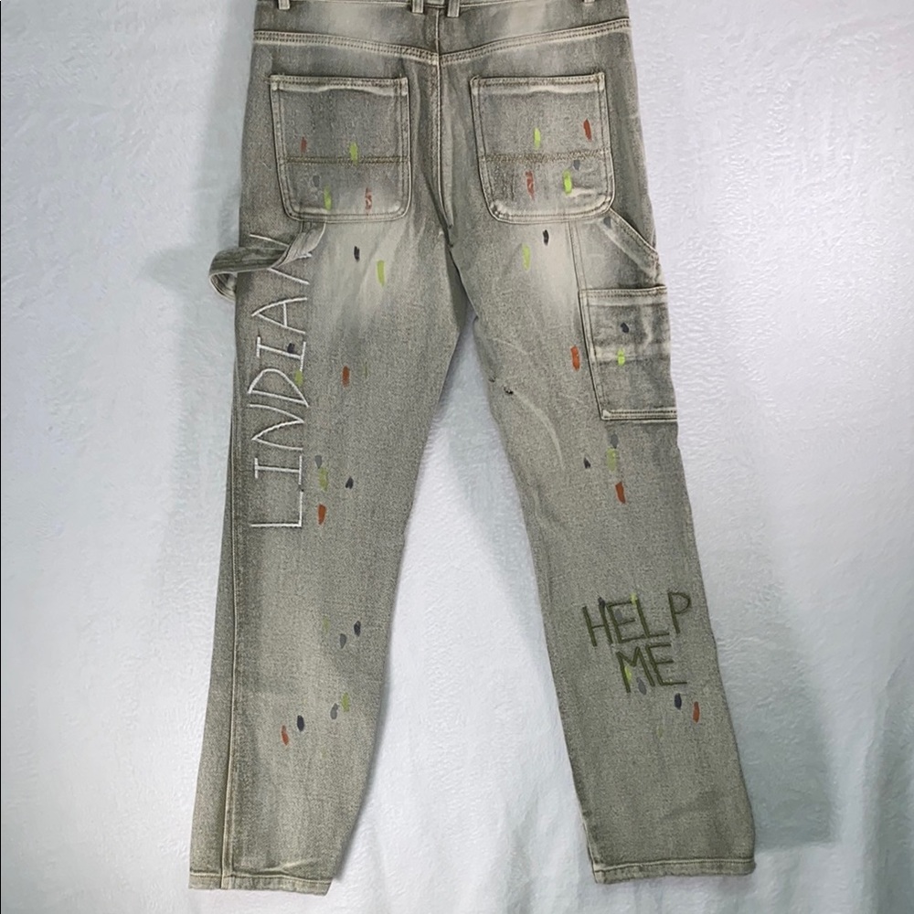 Tan Straight-Leg Jeans with Distressed Artistic Flair - Picture 2 of 8